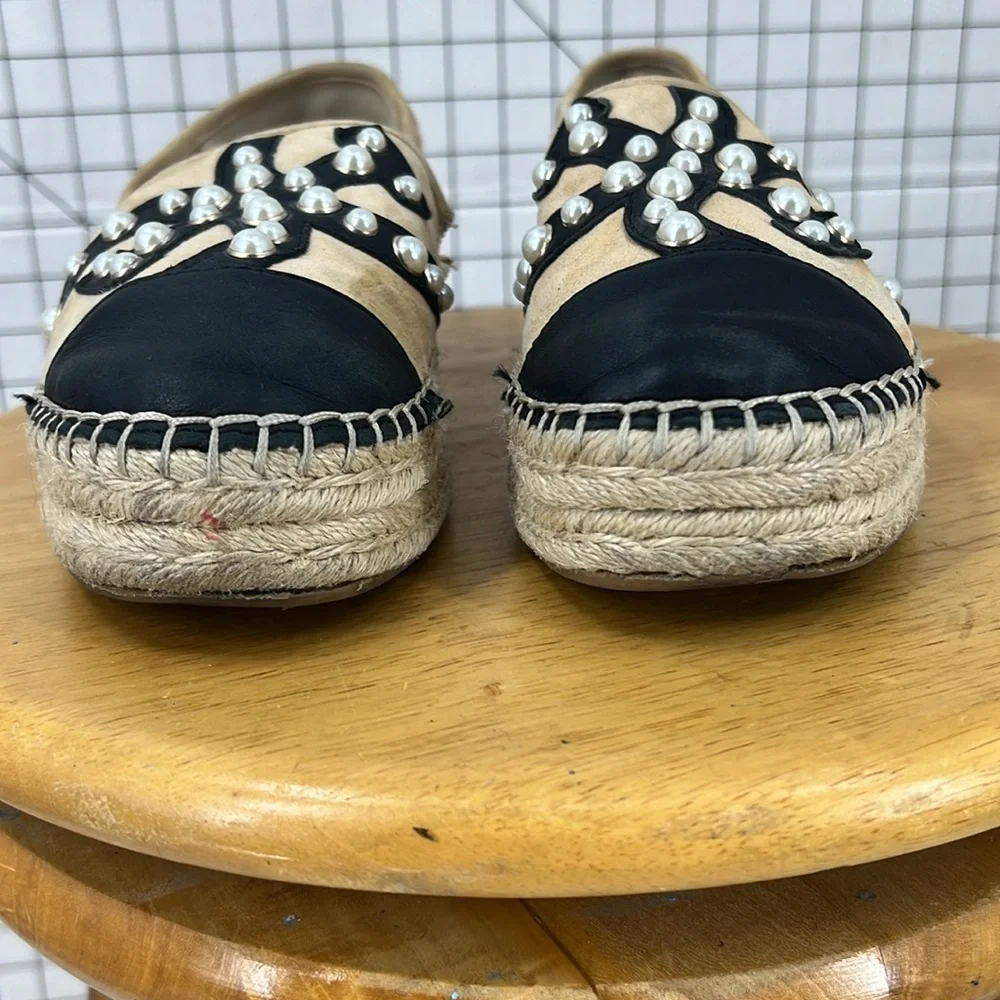 Sam Edelman Celton Leather Espadrille Pearl Beaded Logo Platform loafer shoe 8.5